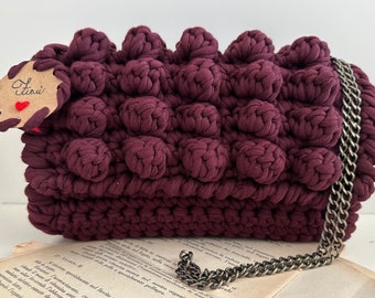 Burgundy peanut stitch crochet bag with shoulder strap