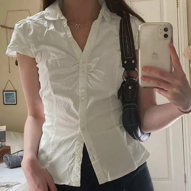 Y2K Basic and Minimal White Shirt Button up Blouse With Tie Detailing