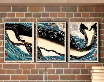 Ensemble de 3 imprimés Utagawa Kuniyoshi, Kuniyoshi Miyamoto no Musashi attaquant l’affiche de la baleine géante, imprimé Kuniyoshi, TÉLÉCHARGEMENT NUMÉRIQUE