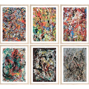 Puede incluir: Seis pinturas abstractas enmarcadas dispuestas en una cuadrícula. Cada pintura presenta una mezcla única de colores y estilos, mostrando un tema abstracto consistente. Las pinturas están todas enmarcadas en un marco de madera simple.