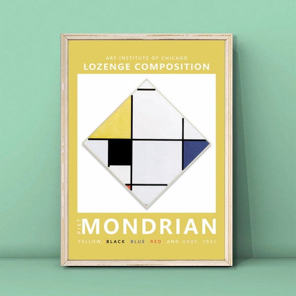 Piet Mondrian Lozenge Composition with Yellow, Black, Blue, Red, and Gray, Print,Dutch paintings,Paintings by Piet Mondrian,DIGITAL DOWNLOAD