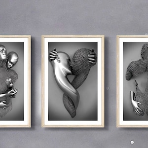 3er-Set Silber Druck,3D-Effekt,Kunst,Herz Wandkunst,Geschenk für Liebhaber,Umarmendes Paar Poster,Küssende Liebende Malerei,DIGITALER DOWNLOAD