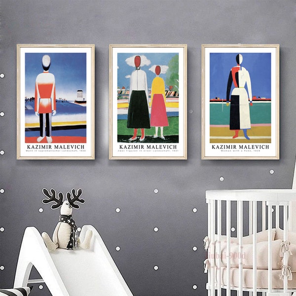 Lot de 3 estampes Kazimir Malevich, Mann in suprematischer Landschaft, Zwei Figuren in einer Landschaft, Femme avec un râteau, TÉLÉCHARGEMENT NUMÉRIQUE