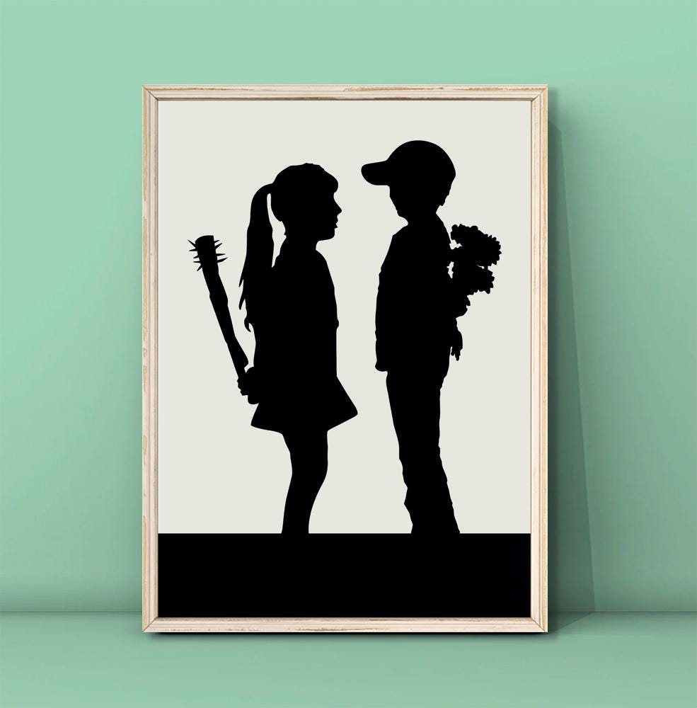 肉筆☆油絵☆F20号『boy meets girl複雑な想い』Banksy/模写 肉筆