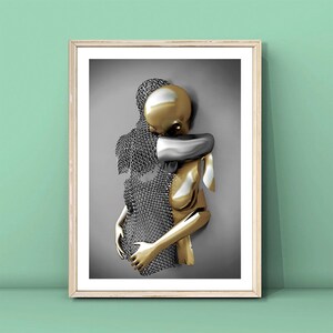 Silber und Gold Druck, Kunst mit 3D-Effekt, Herz Liebe Wandkunst, Geschenk für Liebhaber, Umarmung Paar Poster, Liebende Malerei, DIGITALER DOWNLOAD.