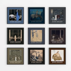 Pode incluir: Nove impressões de arte emolduradas com ilustrações de John Bauer. Cada impressão tem uma moldura preta e retrata cenas com figuras, animais e paisagens. O nome do artista, "JOHN BAUER", é impresso na parte inferior de cada moldura.