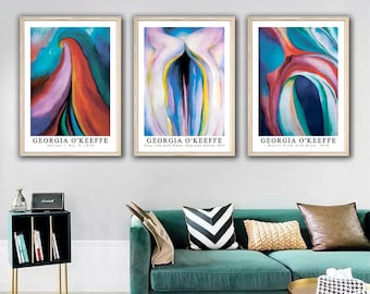 Set of 3 Georgia O&#39;Keeffe Print,O&#39;Keeffe Painting,Music Pink and Blue,Series I, No. 4,Grey Line with Black, Blue and Yellow,DIGITAL DOWNLOAD