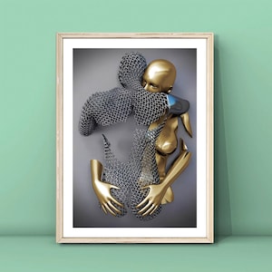 Silber Gold Druck, Kunst mit 3D-Effekt, Herz Liebe Wandkunst, Geschenk für Liebhaber, Umarmung Paar Poster, Liebende Malerei, DIGITALER DOWNLOAD