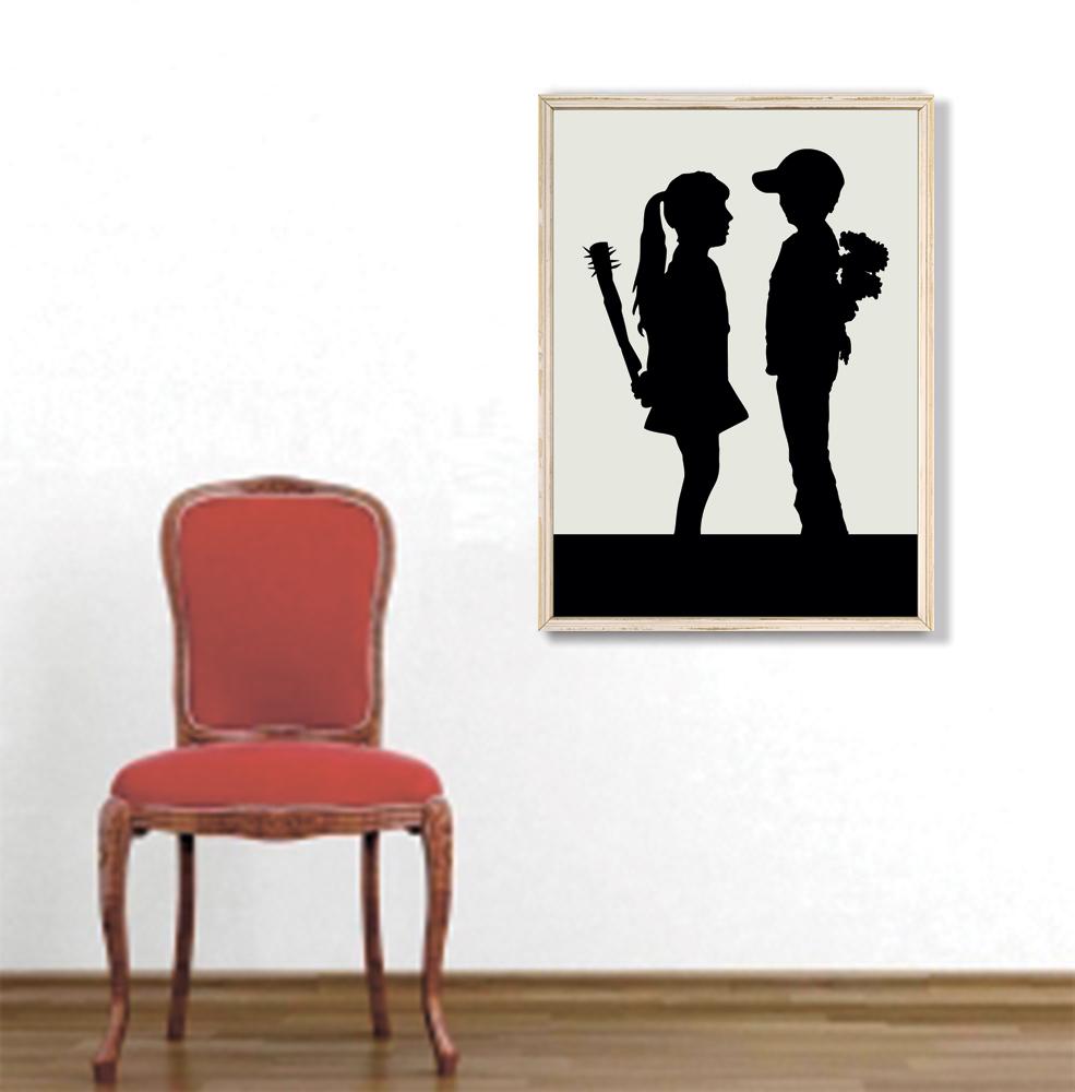 肉筆☆油絵☆F20号『boy meets girl複雑な想い』Banksy/模写 肉筆