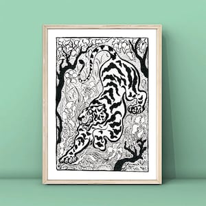 May include: Black and white line art print of a tiger in a jungle setting. The tiger is depicted in a dynamic pose, with its head turned to the side and its body stretched out. The background features intricate details of leaves, flowers, and vines.