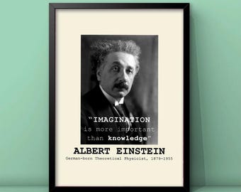 Puede incluir: Foto en blanco y negro de Albert Einstein con una cita: "La IMAGINACIÓN es más importante que el conocimiento." La cita se atribuye a Albert Einstein, físico teórico nacido en Alemania, 1879-1955.