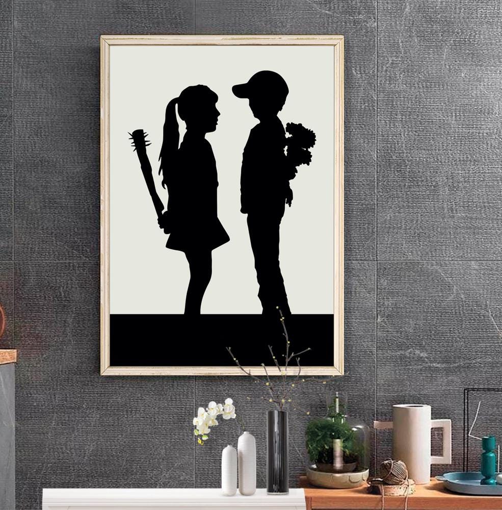 肉筆☆油絵☆F20号『boy meets girl複雑な想い』Banksy/模写 Banksy