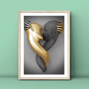 Liebhaber-Silber-Gold-Druck, 3D-Effekt-Kunst, Herz-Wandkunst, Geschenk für Liebhaber, umarmendes Paar-Poster, küssendes Liebesgemälde, DIGITALER DOWNLOAD