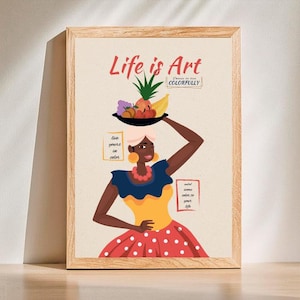 Impresión de arte de la vida, póster "Elige vivir a todo color", impresión "Vívelo a color", póster con frases de vida, impresión de mujer colombiana, descarga digital
