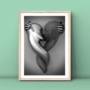 Liebhaber Silber Druck,Kunstdruck mit 3D-Effekt,Herz Wandkunst,Geschenk für Liebhaber,Umarmung Paar Poster,Küssende Liebende Malerei,DIGITAL DOWNLOAD