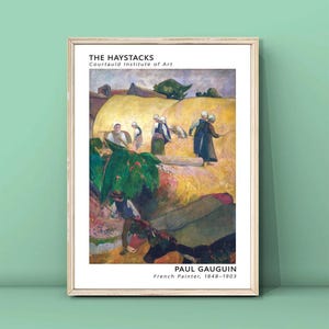 May include: A painting titled "The Haystacks" by Paul Gauguin, a French painter, 1848-1903. The painting depicts a group of people working in a field of haystacks. The painting is in a style that is characteristic of Gauguin's work, with bold colours and simplified forms.