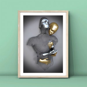 Silber Gold Print Art, 3D-Effekt Print Art, Herz Liebe Wandkunst, Geschenk für Liebhaber, Umarmung Paar Poster, Liebhaber Malerei, DIGITAL DOWNLOAD