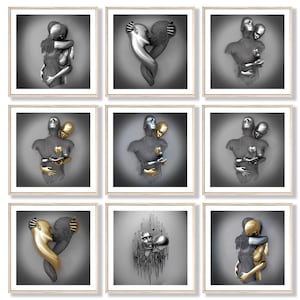 Set von 9 Liebhaber Silber Gold Druck,3D-Effekt,Kunst,Herz Wandkunst,Geschenk für Liebhaber,Umarmung Paar Poster,Küssende Liebende Poster,DIGITAL DOWNLOAD