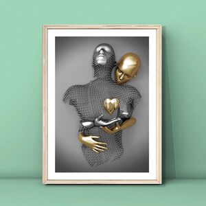 Silber Gold Liebhaber Druckkunst, 3D-Effekt-Kunst, Herz-Liebe-Wandkunst, Geschenk für Liebhaber, Umarmungspaar-Poster, Liebesgemälde, DIGITALER DOWNLOAD