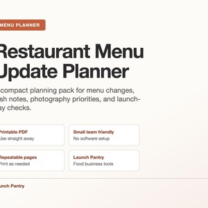 Planificador de actualización de menús de restaurante / Lista de verificación imprimible para cambios de menú y descripción de platos en formato PDF