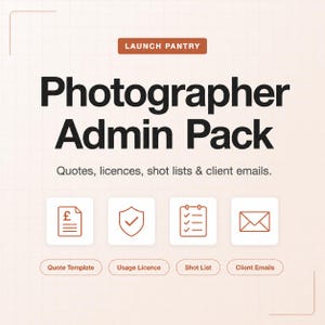 Puede incluir: Un gráfico digital titulado Launch Pantry Photographer Admin Pack con el texto: Quotes, licences, shot lists & client emails. Cuatro iconos cuadrados blancos con bordes marrones muestran un documento, un escudo, una lista y un sobre.