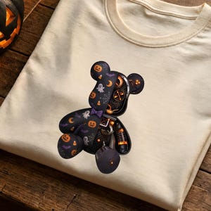 Halloween Teddy Bear Shirt | Half Robot Graphic | Steampunk Details | Purple Bow Tie | Spooky Season