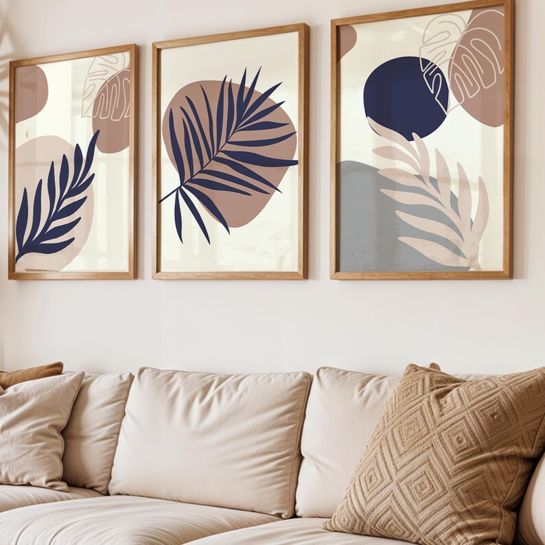 Boho Leaves Wall Art Set of 3 - Printable Digital Prints | Neutral Colors | Mid-Century Modern & Abstract | Instant Download | home decor image 7