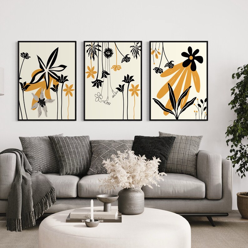 Modern Abstract Wall Art Prints, Modern Wall Decor, Set of 3 Prints, Botanical Wall Art, Mid ...