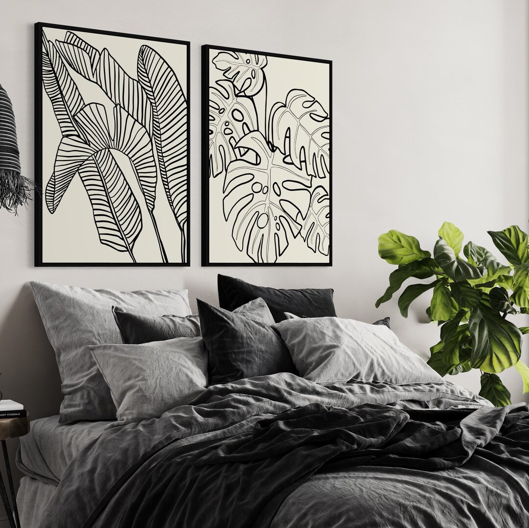Black Leaves Art Set of 2 Prints, Botanical Tropical Gallery Wall Art ...