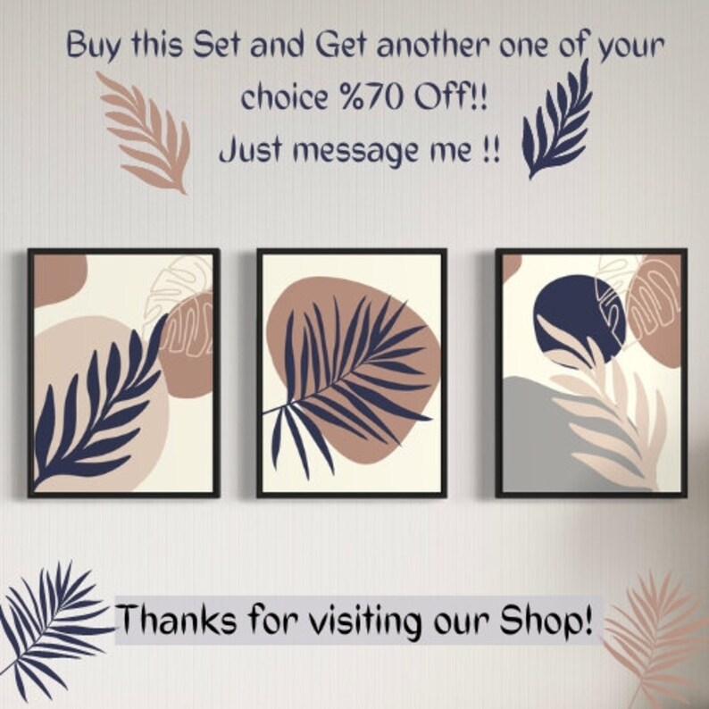 May include: Set of three abstract art prints featuring minimalist botanical illustrations with brown, blue, and grey colours. The prints have a modern and contemporary style.