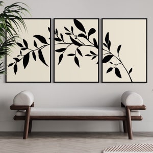 Black leaves art set of 3 prints, Botanical gallery wall art, Boho Leaves Wall Art, black branch wall art,Botanical wall art, Neutral prints