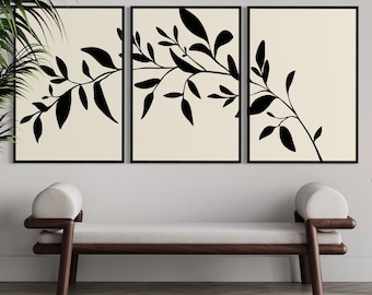 Black leaves art set of 3 prints, Botanical gallery wall art, Boho Leaves Wall Art, black branch wall art,Botanical wall art, Neutral prints