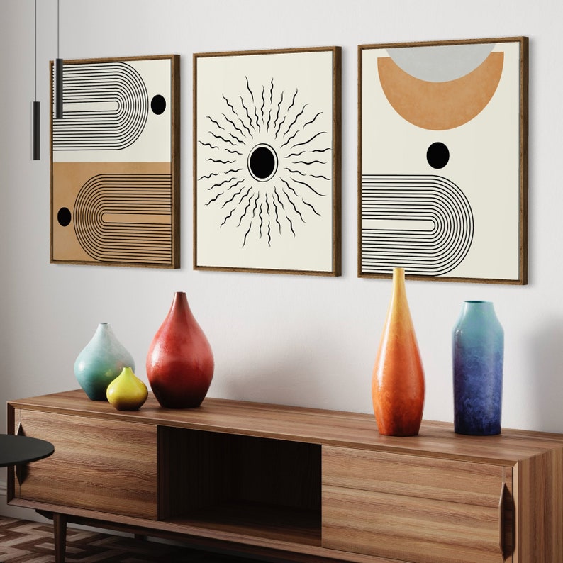Mid Century Art Prints Set of 3, Neutral Modern Wall Art Decor, Boho ...