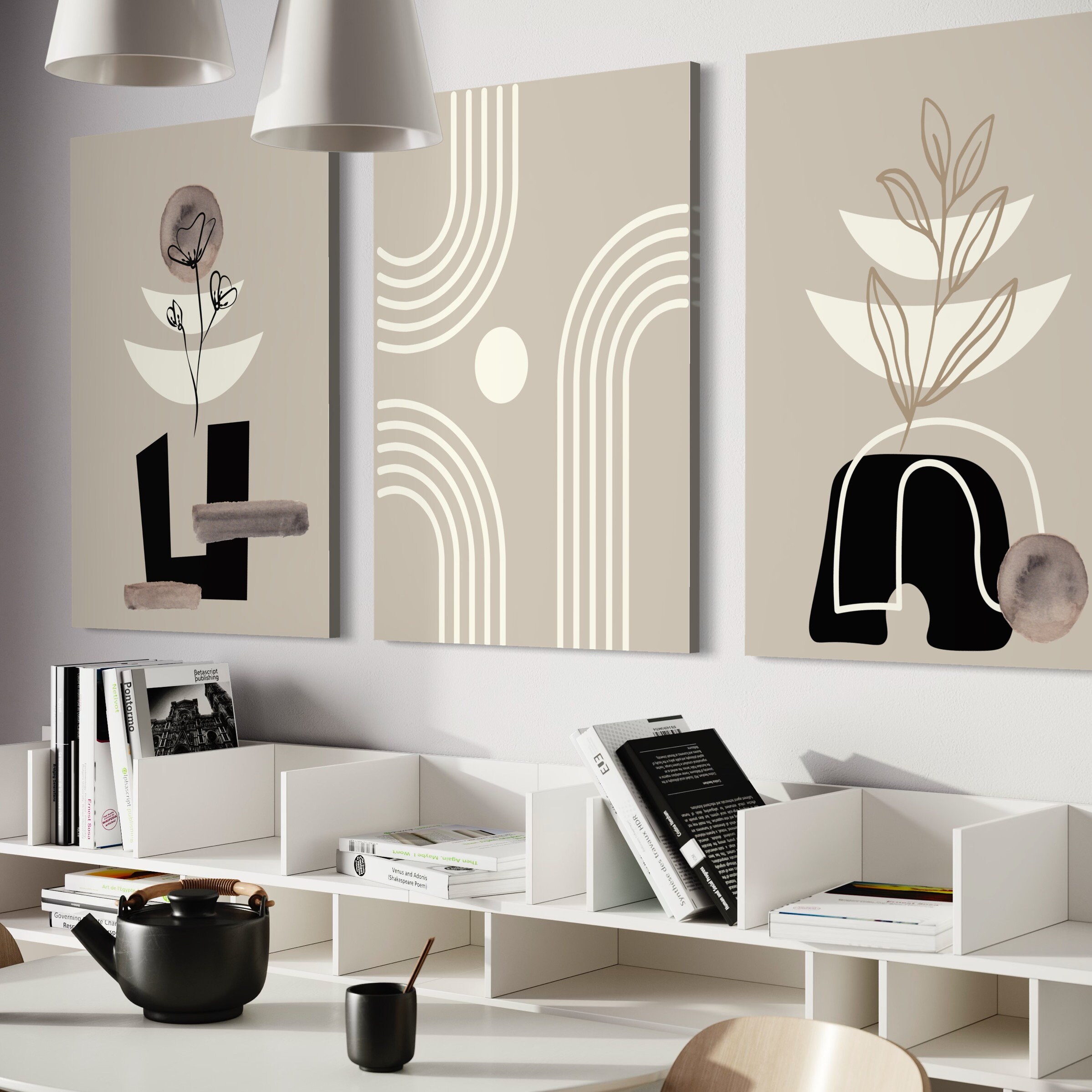 Printable Black Beige Mid Century Modern Wall Art Set of 3 Prints ...
