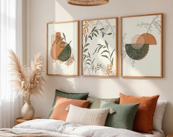 Olive Green Boho Wall Art Set of 3, Mid Century Modern Botanical Print, Orange Leaves Poster, Printable Bohemian Home Decor Gallery Wall Art