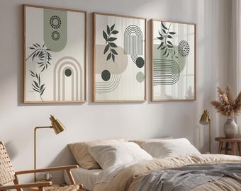 Printable Sage green, mid century modern, wall art set of 3 prints, Boho Digital Prints, Boho Wall Art Bundle, Digital Download, Beige green