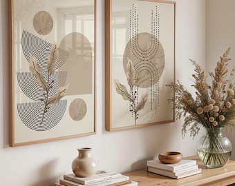Neutral Wall Art Set of 2 for Living Room, Beige & Black Printable Prints Above Couch, Modern Boho Decor, modern organic set of 2 prints