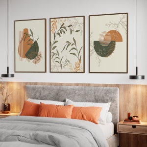 Printable Olive green mid century modern wall art set of 3 prints, Bohemian botanical poster abstract Orange leaves Boho Wall Art Bundle