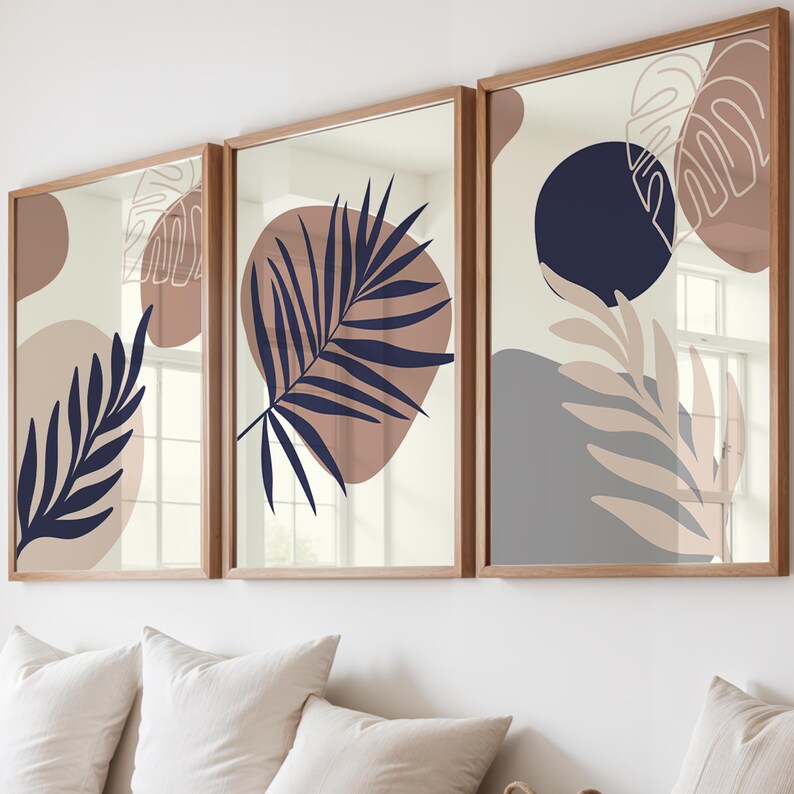 Boho Leaves Wall Art Set of 3 - Printable Digital Prints | Neutral Colors | Mid-Century Modern & Abstract | Instant Download | home decor image 6