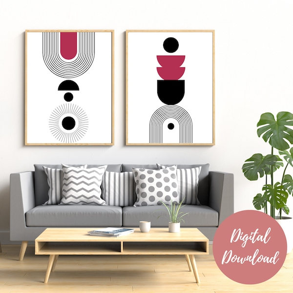 Boho rainbow Wall Art set of 2 -Printable Digital Prints black and white ,MidCentury Modern and Abstract, Instant Download, Minimalist Decor