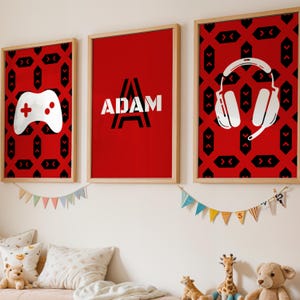 Personalized Gaming Wall Art for Boys Bedroom, Red Gamer Prints Set of 3, Teen Gaming Room Decor, Instant Download