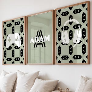 Decorazioni da parete personalizzate per la camera dei ragazzi, set di 3 stampe da gioco verde neutro, decorazioni per la stanza dei ragazzi, download immediato