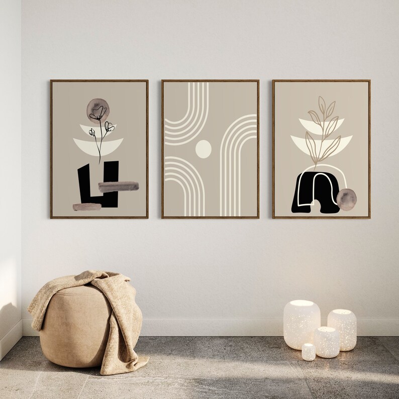 Printable Black Beige Mid Century Modern Wall Art Set of 3 Prints ...