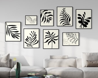 Black leaves art set of 8 prints, Botanical gallery wall art, Boho Leaves Wall Art, Tropical wall art, Botanical wall art, black and white