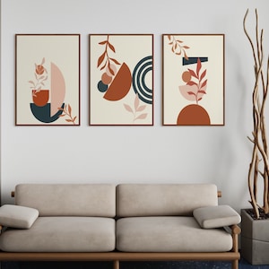 Boho Abstract Wall Art Prints, Boho Wall Decor, Set of 3 Prints, Boho Wall Art, Mid Century Prints, Teal, Terracotta, Pink, Boho Leaves set