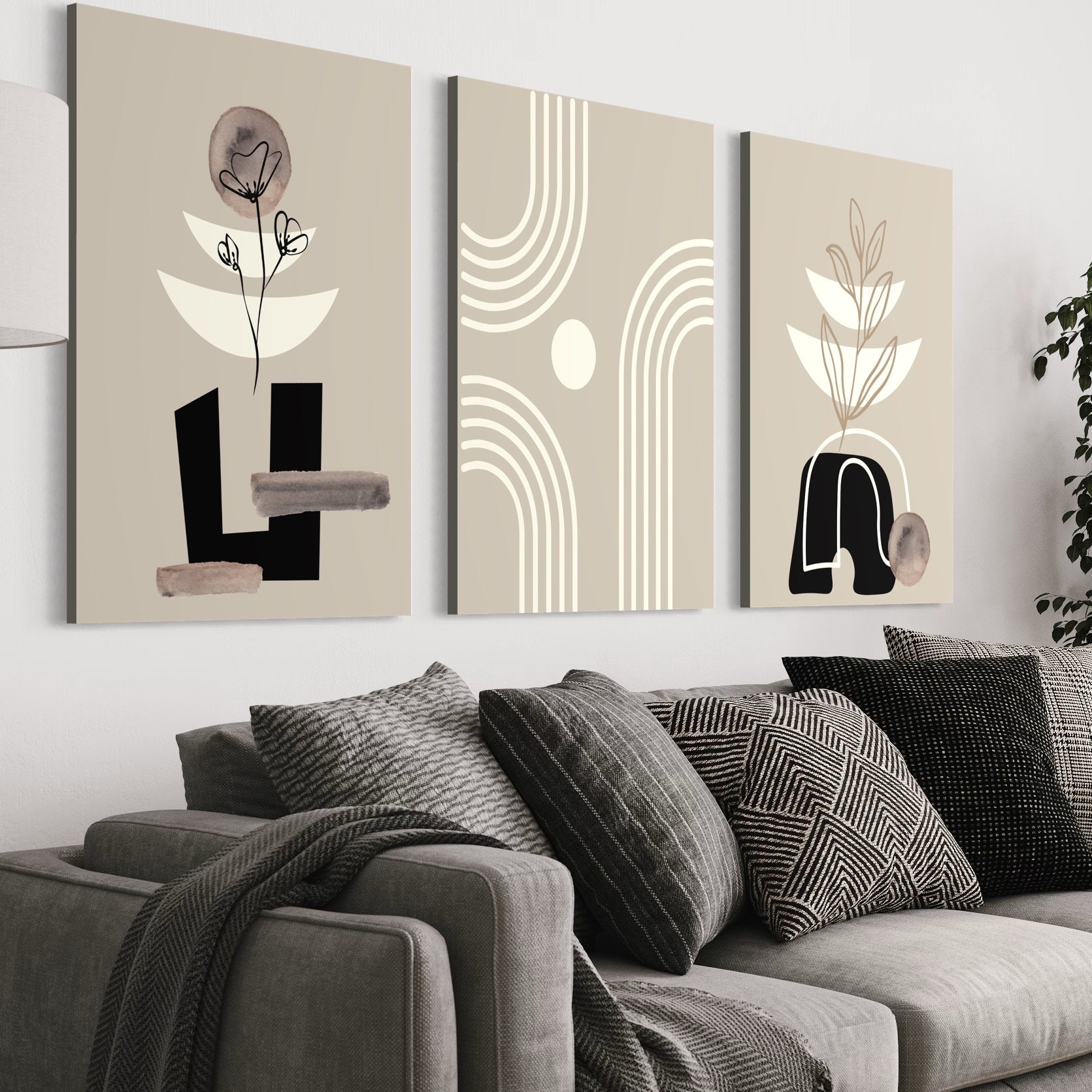 Printable Black Beige Mid Century Modern Wall Art Set of 3 Prints ...