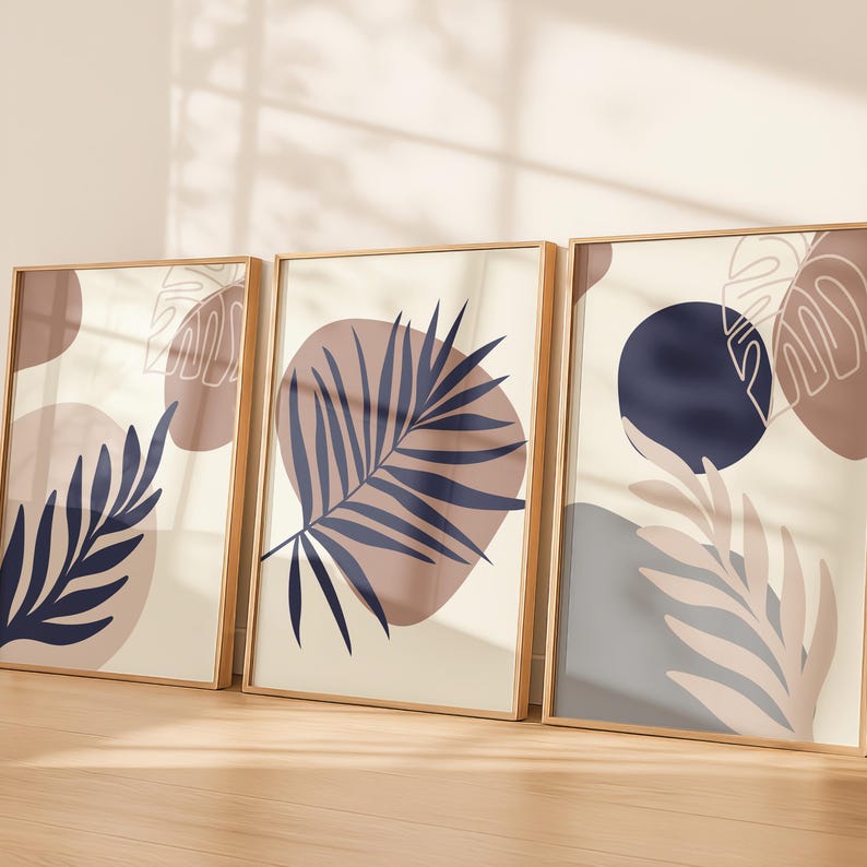 Boho Leaves Wall Art Set of 3 - Printable Digital Prints | Neutral Colors | Mid-Century Modern & Abstract | Instant Download | home decor image 9