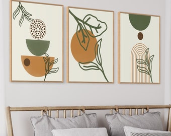 Printable Orange Green mid century modern wall art set of 3 prints. Bohemian botanical poster, Abstract Green leaves Boho Wall Art Bundle