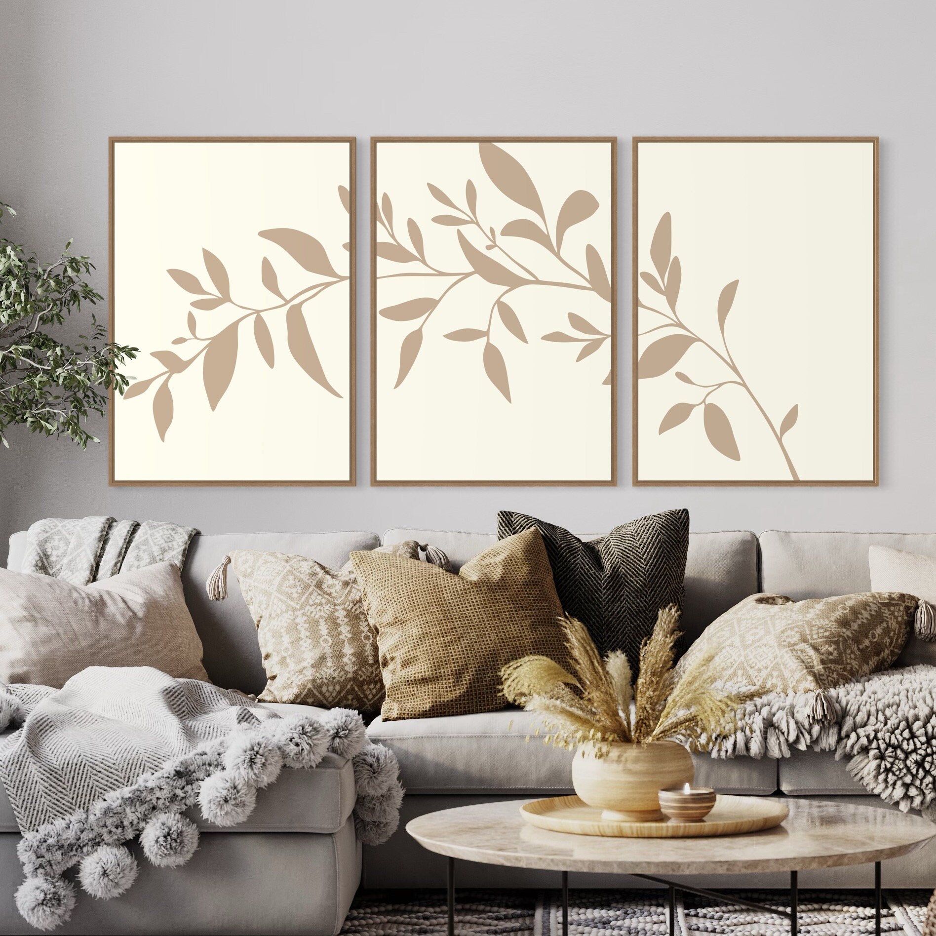 Beige Leaves Art Set of 3 Prints, Botanical Gallery Wall Art, Boho ...
