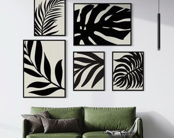 Black leaves art set of 5 prints, Botanical gallery wall art, Boho Leaves Wall Art, Tropical wall art, Botanical wall art, black and white